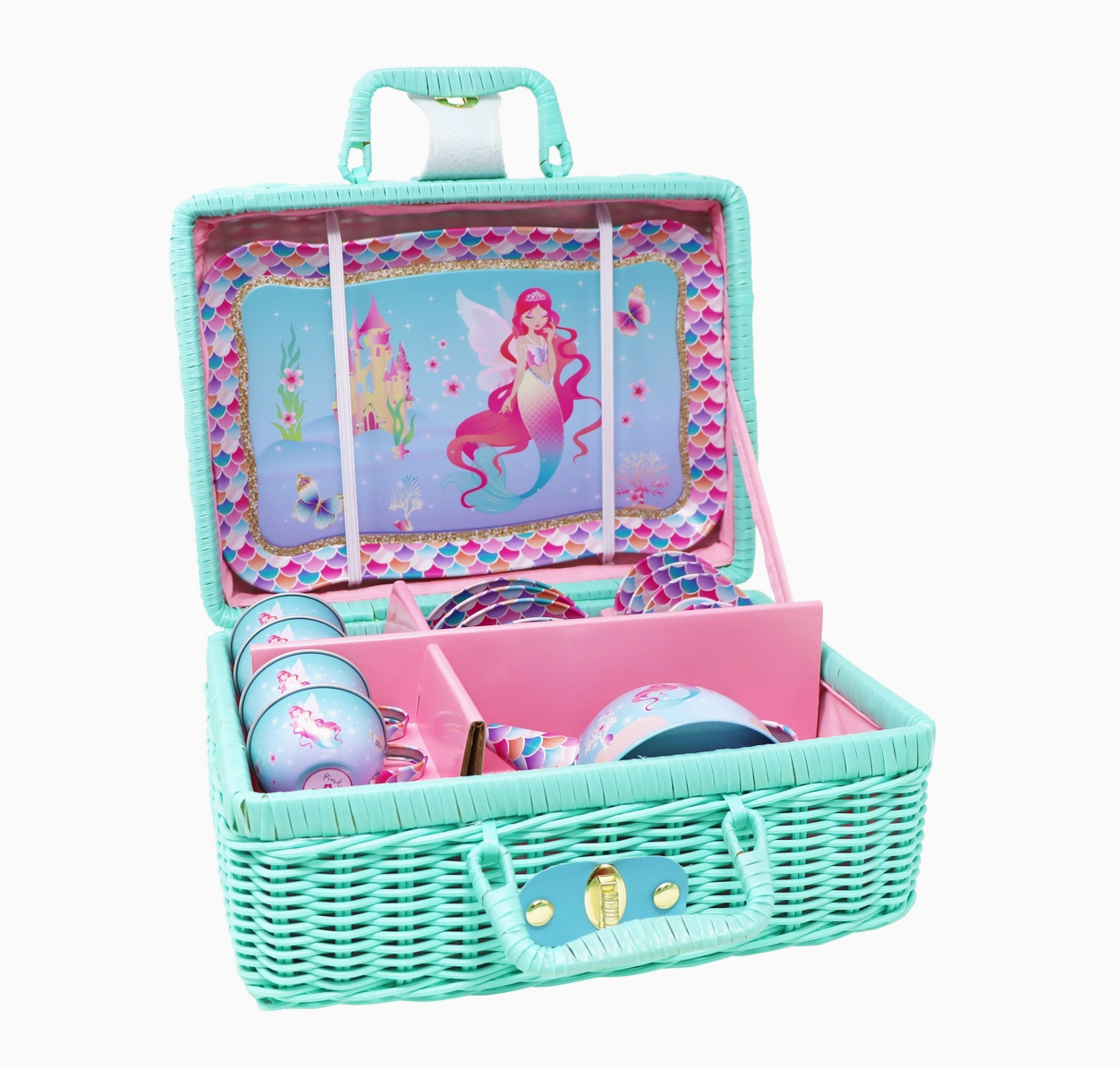 Pink Poppy Shimmering Mermaid Tea Set in Basket Laurel Jack